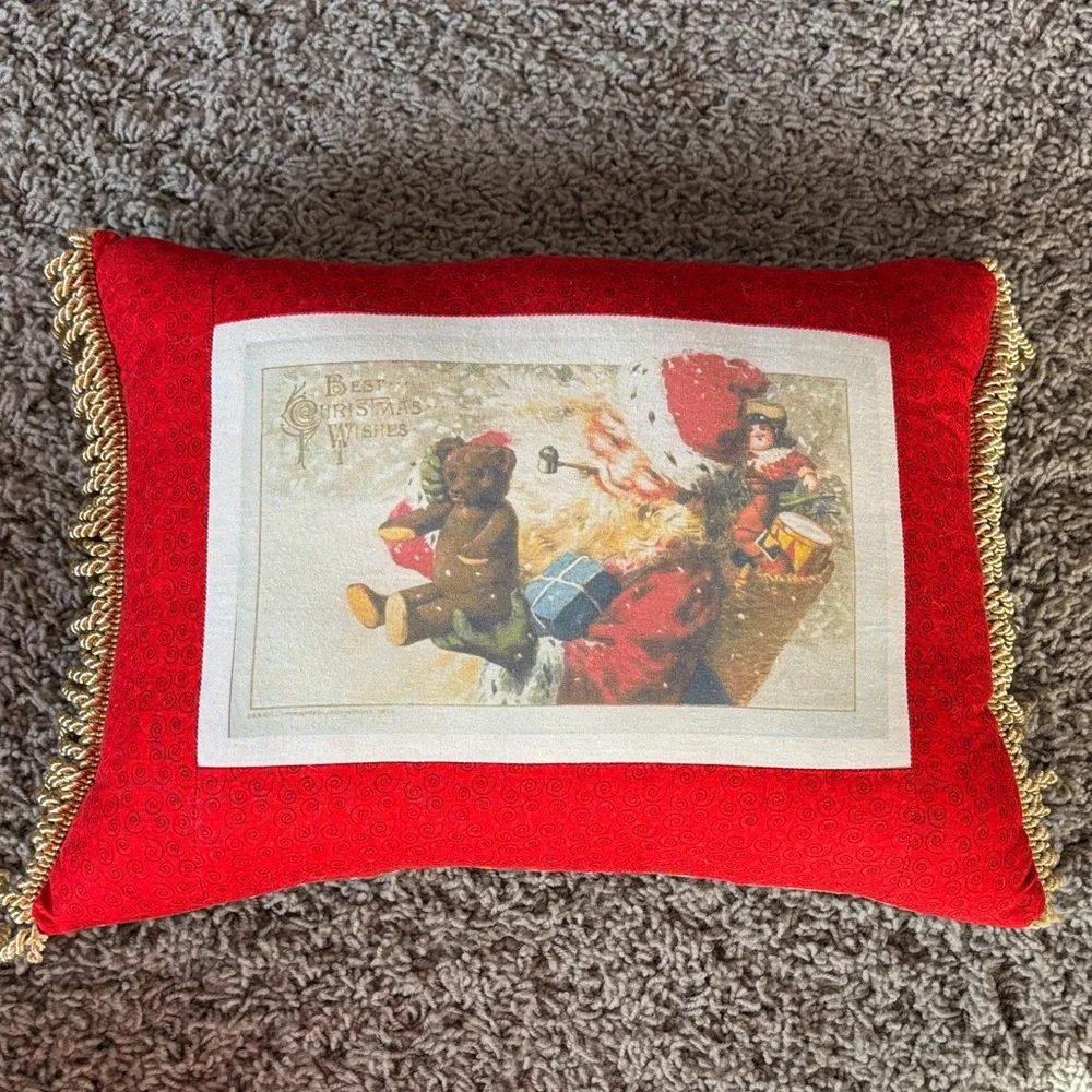 Festive Red Santa Holiday Pillow with Gold Trim
